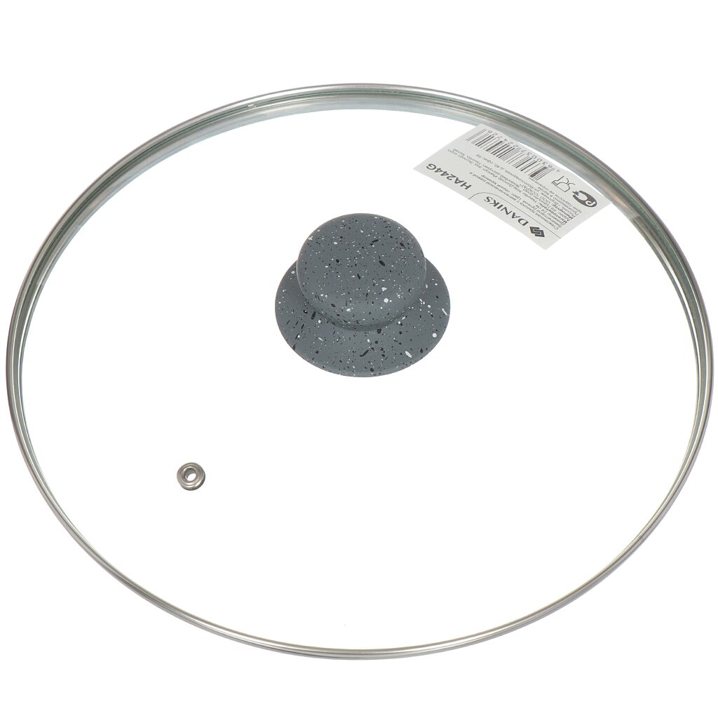 Крышка для посуды стекло, 24 см, Daniks, Серый Мрамор, металлический обод, кнопка бакелит, HA244G