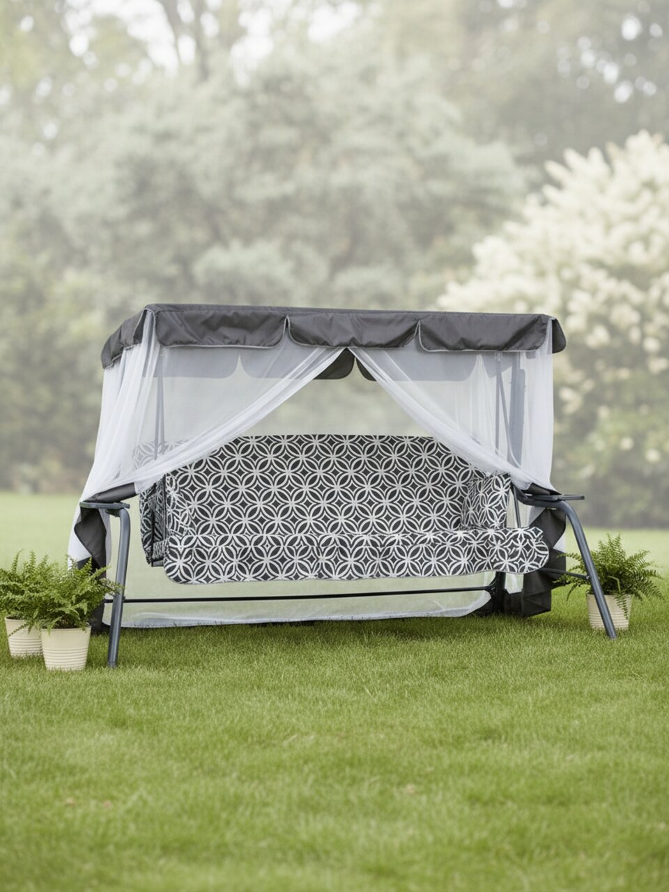 Качели садовые 3-местные, 231х126х147.8 см, 210 кг, Olsa, Варшава, раскладываются в кровать, с москитной сеткой, серые, геометрия, подушка, с1804, металл