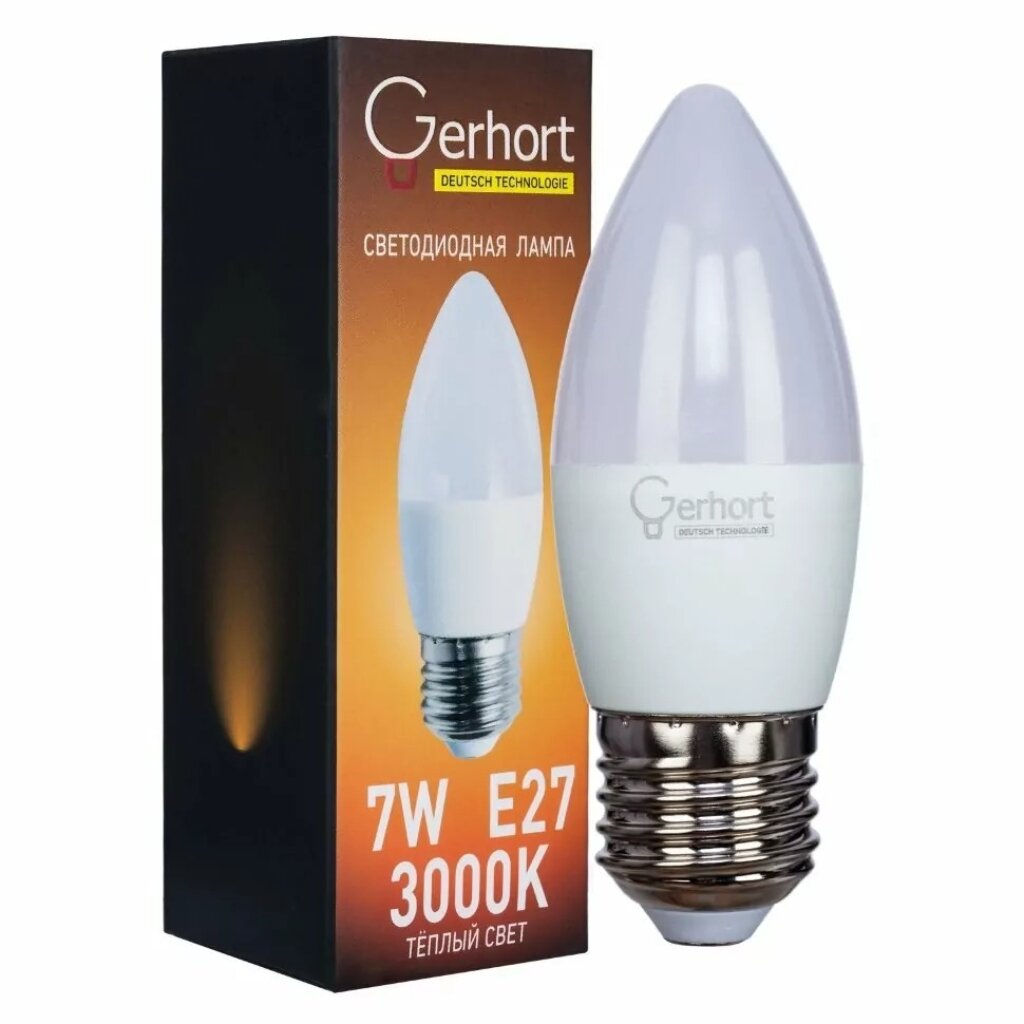 Лампа светодиодная E27, 7 Вт, свеча, 3000 К, свет теплый белый, Gerhort, Лампа