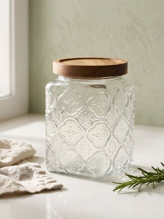 Банка для сыпучих продуктов, стекло, 0.7 л, 9.8х9.8х13.5 см, крышка дерево, Восток, Y4-9011