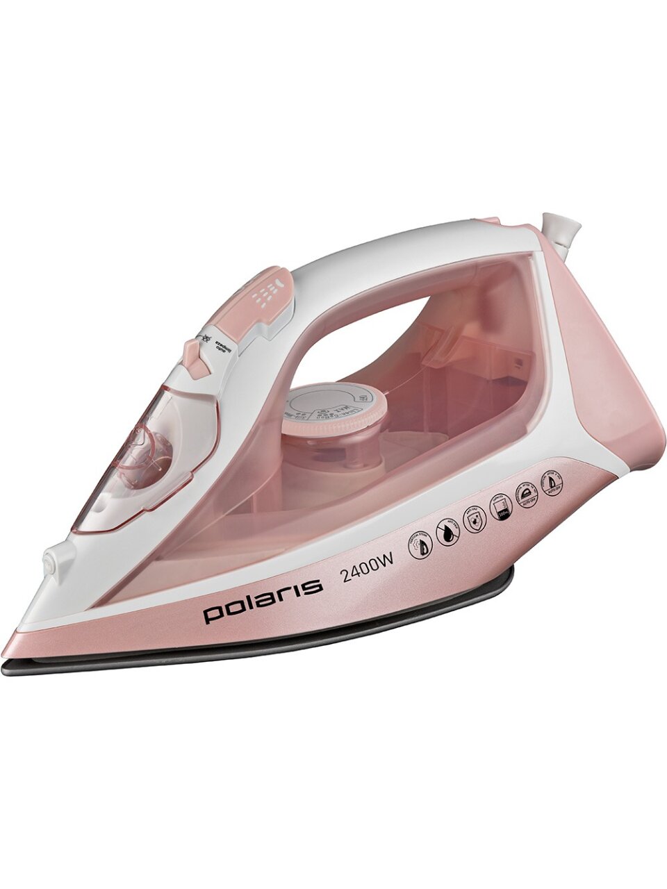Утюг Polaris, PIR 2497AK, 2400 Вт, керамика, вертикальное отпаривание, противокапельная система, система самоочистки, 3 м, бело-розовый