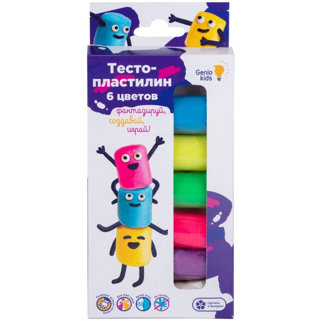 Игровой набор Genio Kids, Тесто-пластилин с блестками, 6 цветов, TA1090