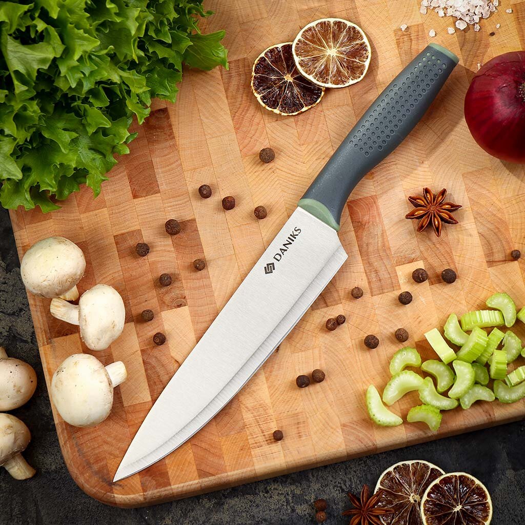 Нож кухонный Daniks, Verde, шеф-нож, нержавеющая сталь, 20 см, рукоятка пластик, JA2021121-1 нож кухонный daniks verde для овощей нержавеющая сталь 9 см рукоятка пластик ja2021121 5