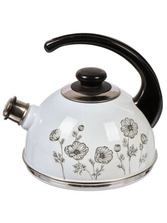 Чайник сталь, эмалированное покрытие, 2.5 л, со свистком, ручка консольная, Рубин, Космея, черно-белый, T04/25/03/41