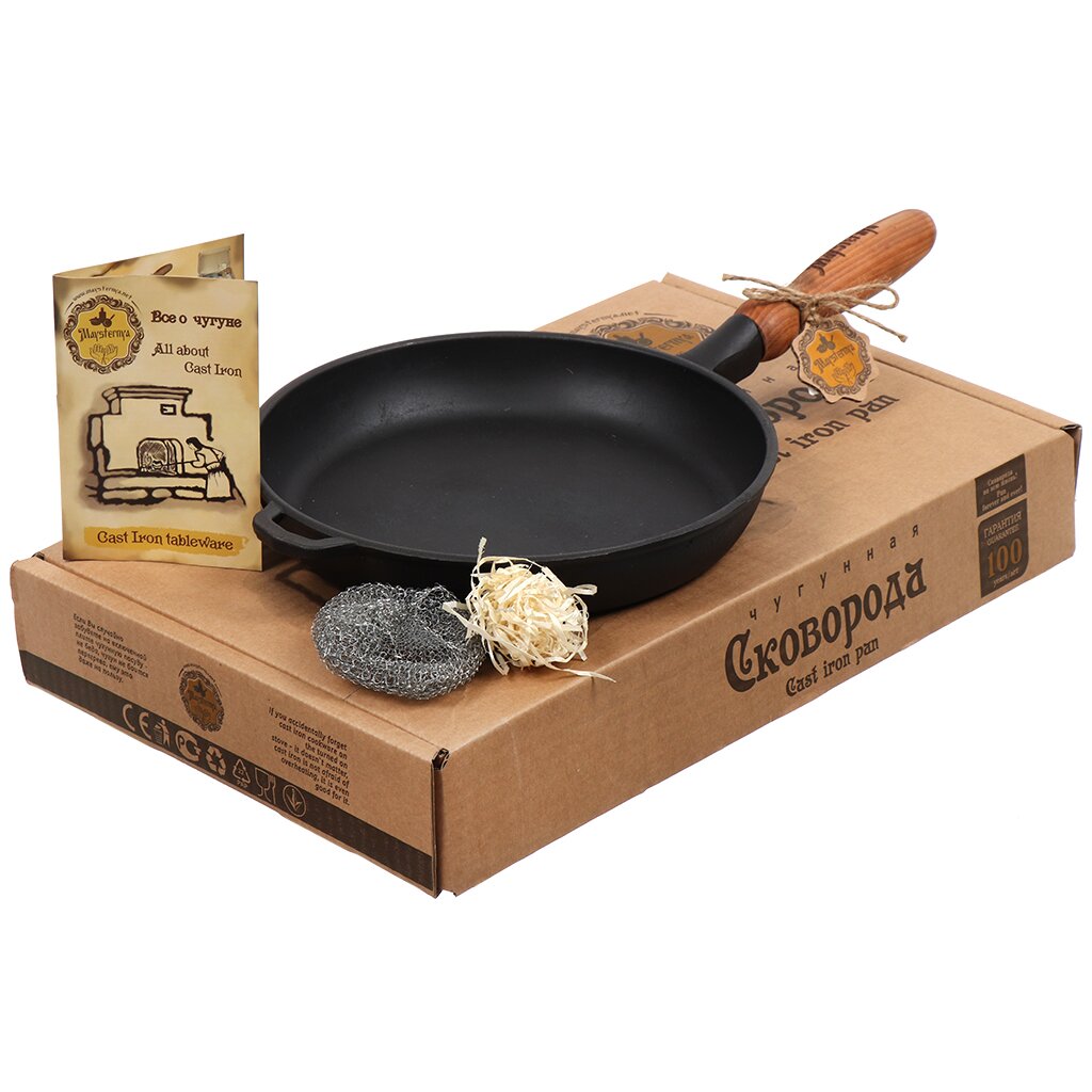 Сковорода чугун, 26 см, Maysternya, черная, с деревянной ручкой, индукция, T303
