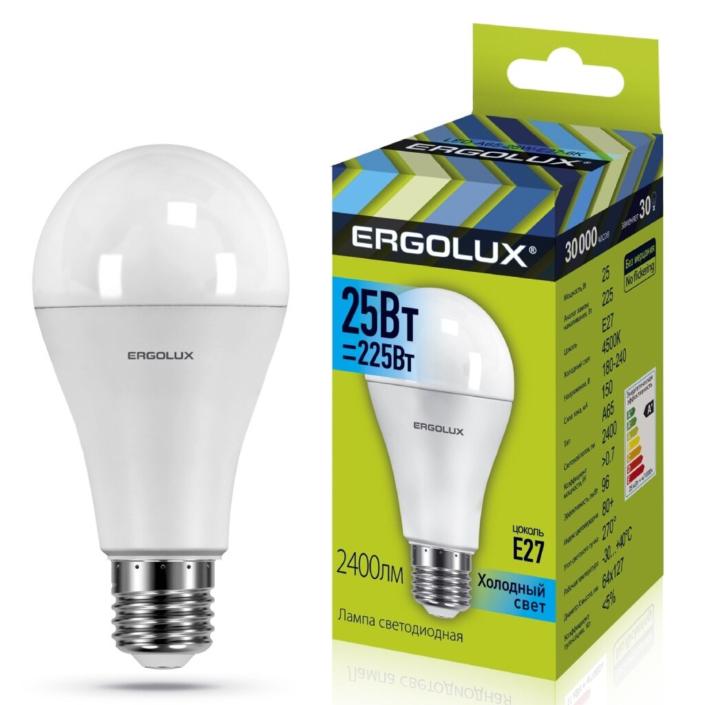 Лампа светодиодная E27, 25 Вт, 225 Вт, груша, 4500 К, свет холодный белый, Ergolux