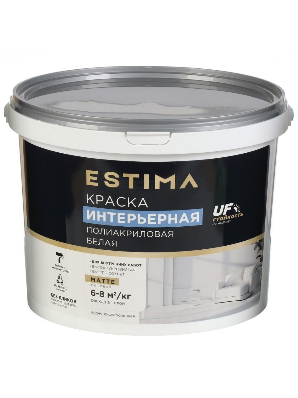 Краска водно-дисперсионная, Estima, полиакриловая, интерьерная, матовая, белая, 13 кг