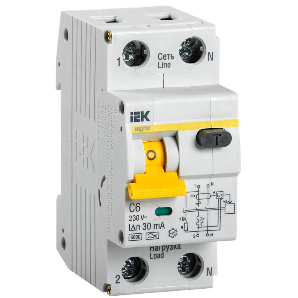 

Автоматический выключатель на DIN-рейку, IEK, АВДТ 32 C6, 2 полюса, 6, 6 кА, 230 В, 30 мА, MAD22-5-006-C-30, Белый