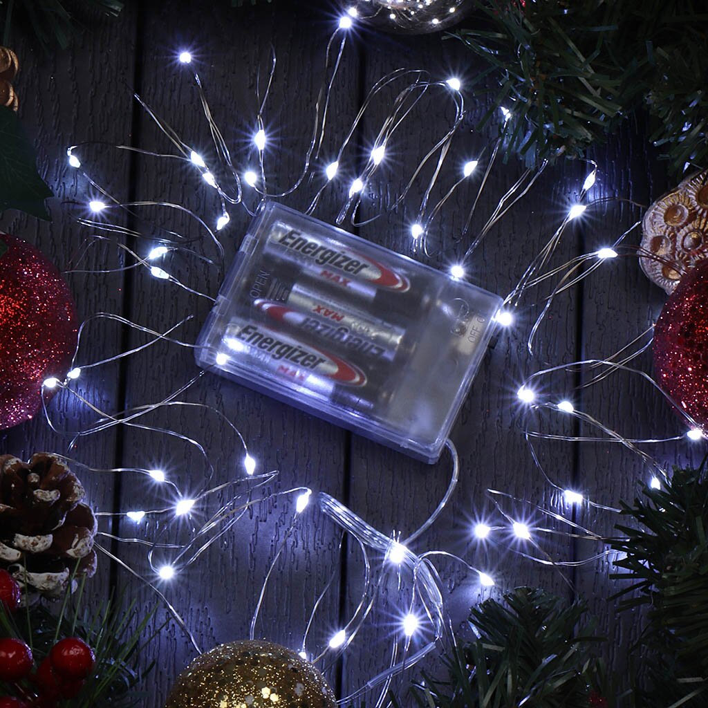 Гирлянда 50 ламп, 5 м, 1 режим, свет холодный белый, серебристая, в помещении, на батарейках, LED, Y4-7523 железная дорога новогоднее путешествие свет на батарейках