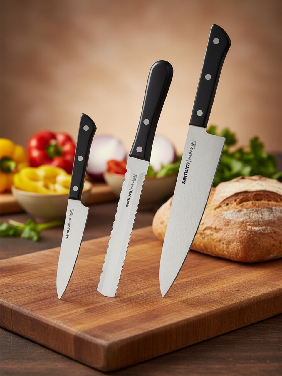Набор ножей 3 предмета, 9.9 см, 15 см, 20.8 см, нержавеющая сталь, рукоятка пластик, Samura, Harakiri, SHR-0220W/K