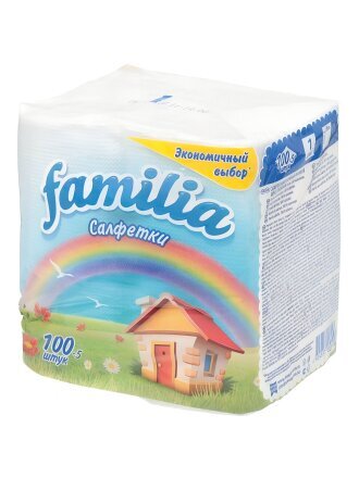 Салфетки бумажные Familia, 100 шт, 1 слой, 24х23 см, белые, 5039302