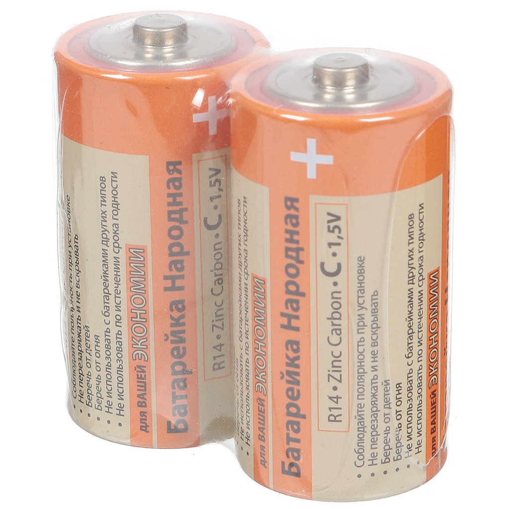 Батарейка TDM Electric, C (R14), Народная Zinc-carbon, солевая, 1.5 В, спайка, 2 шт, SQ1702-0021 батарейка tdm electric 9v 6lr61 6f22 народная zinc carbon солевая 9 в спайка sq1702 0023