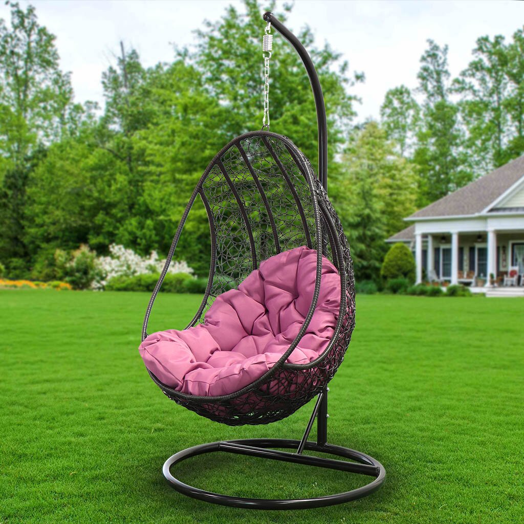 Подвесное кресло Кокон, 1-мест, 150 кг, Green Days, коричневое, ротанг, подушка сиреневая, TZF-H049-A13820