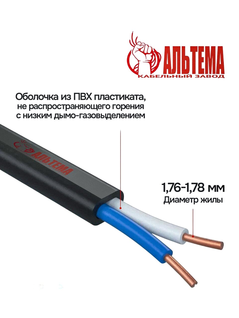 Кабель ВВГ-Пнг(А)-LS, 2х2.5 мм², 10 м, медь, силовой, негорючий, ГОСТ, черный, Альтема, А000190