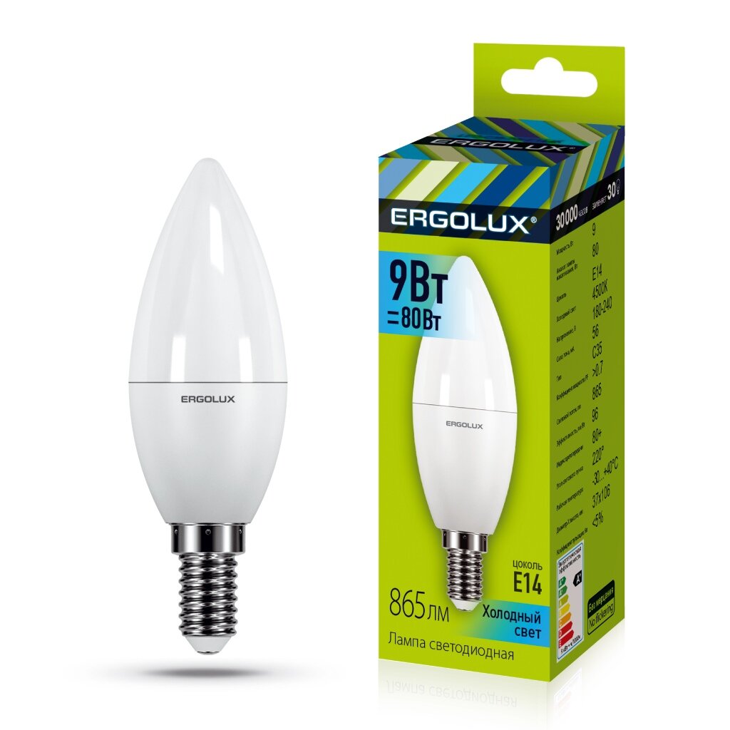 Лампа светодиодная E14, 9 Вт, 80 Вт, 220 В, свеча, 4500 К, свет холодный белый, Ergolux светильник ergolux