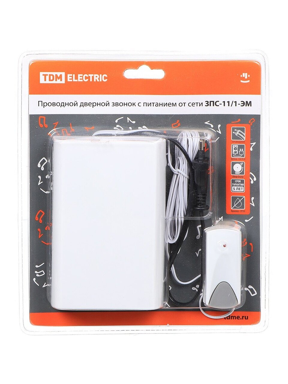 Звонок дверной проводной, сетевой, кнопка IP 30, 230 В, TDM Electric, ЗПС-11/1-ЭМ, SQ1901-0017