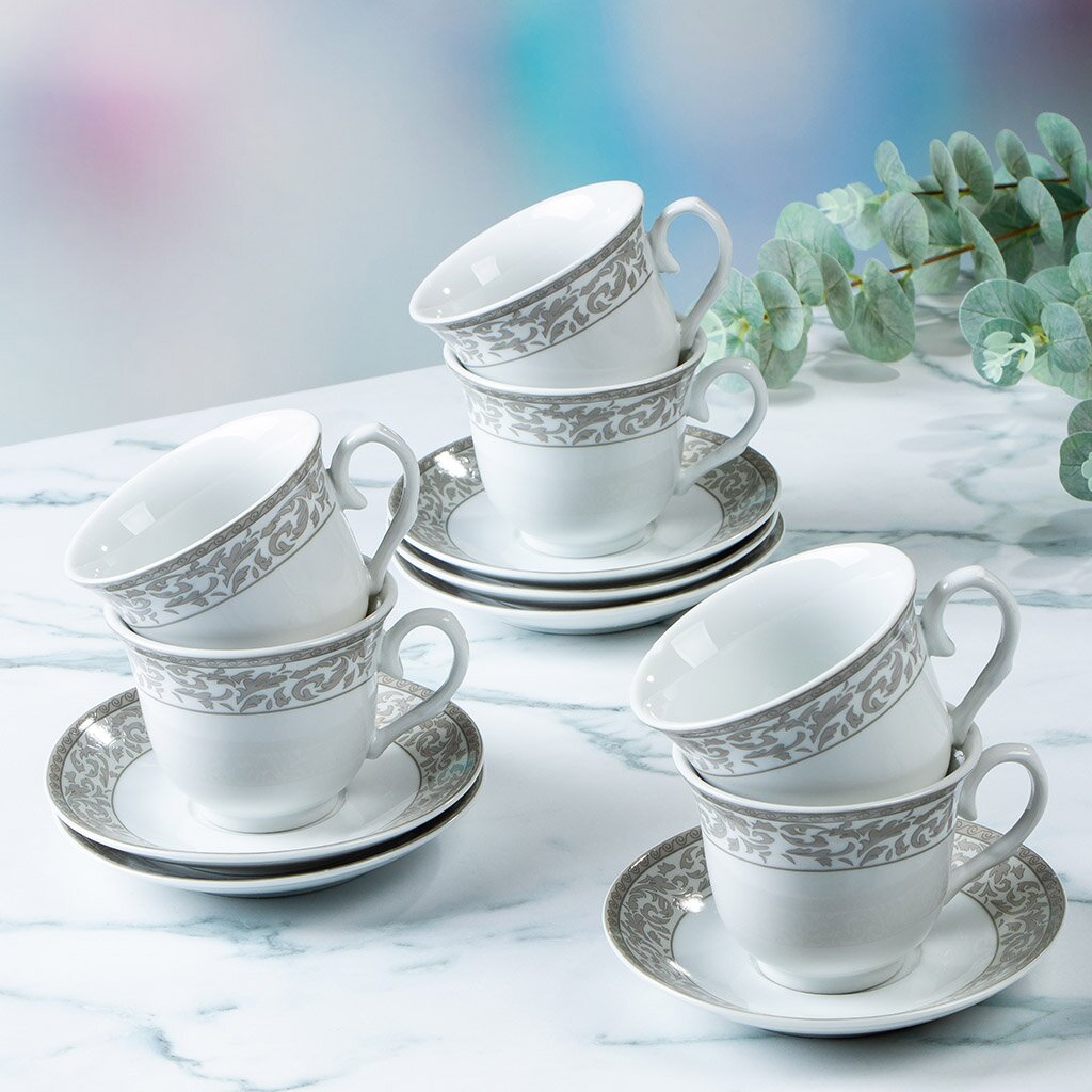 Набор чайный фарфор, 12 предметов, на 6 персон, 230 мл, Серебряные блики, подарочная упаковка серебряные облака