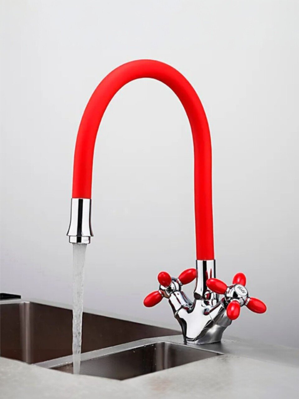 Смеситель для кухни, Frud, гибкий излив, с кран-буксой, красный, R44127-10