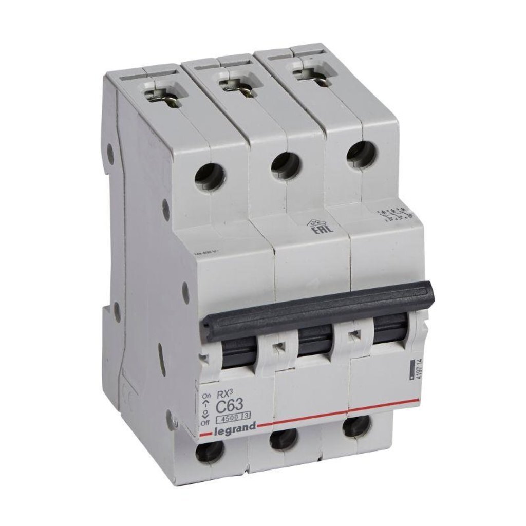 Автоматический модульный выключатель на DIN-рейку, Legrand, RX3, 3 полюса, 63, 4.5 кА, С, AC, 400 В, 419714