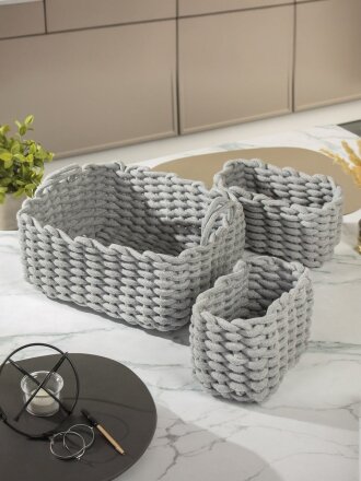 Набор плетеных корзин 3 шт, прямоугольный, плетеный, хлопок, серый, 34х28х15см, 21х14х13см, МП, Y4-8937