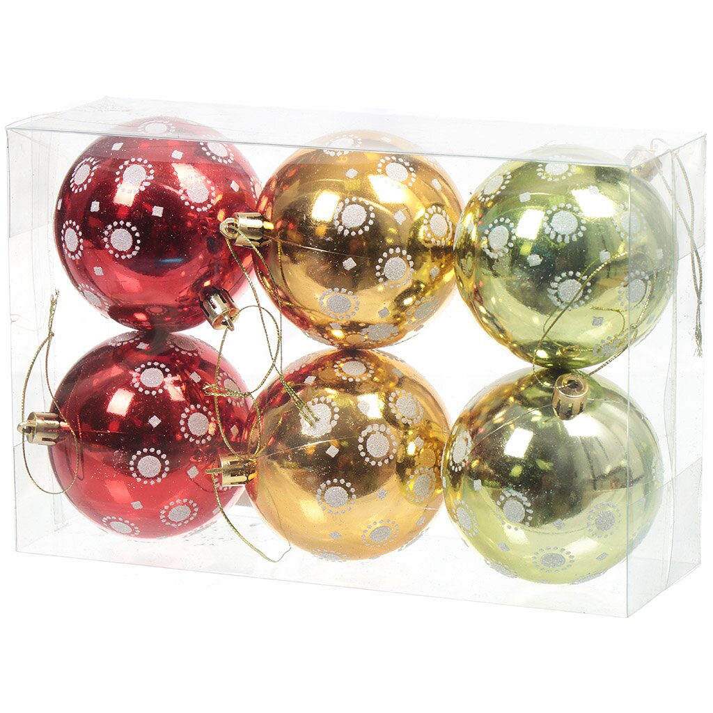 Елочный шар 6 шт, зеленый, золотой, красный, 8 см, пластик, SY18CBB-33