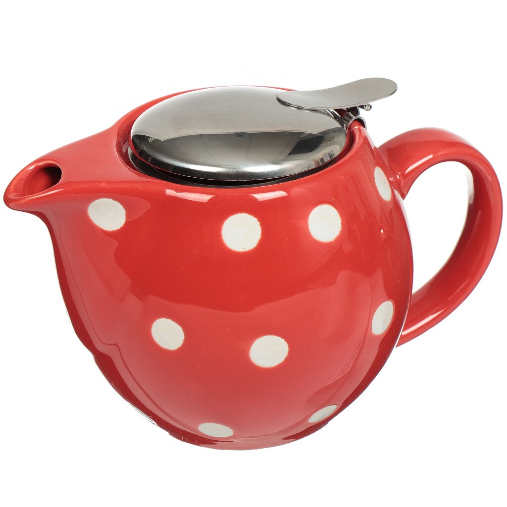 Чайник заварочный керамика, 0.4 л, с ситечком, металлическая крышка, Красный с белым горохом, 470-041