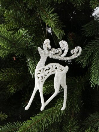 Елочное украшение Олень, белый с серебром, 14 см, пластик, Y4-9382