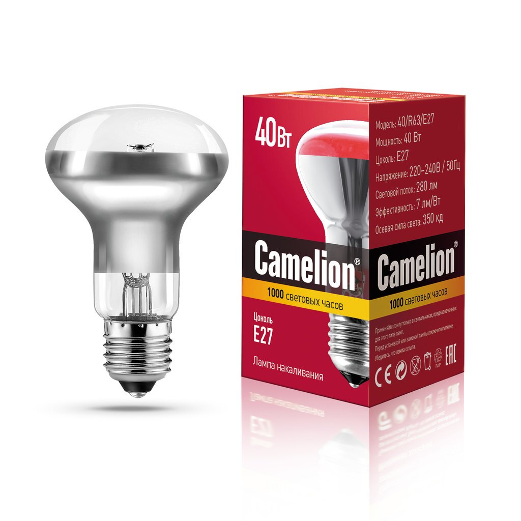 Лампа накаливания зеркальная MIC Camelion 40/R63/E27