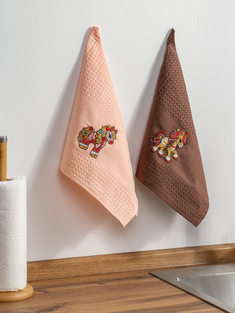 Набор полотенец кухонных 2 шт, 33х60 см, вафельный, 100% хлопок, Dinosti, Имбирный пряник, Россия