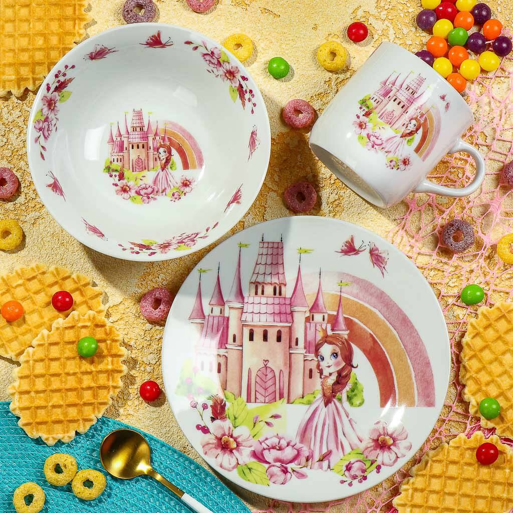 Набор посуды керамика, 3 шт, Замок принцессы, тар. 17.5/18 см, сал. 15см, круж. 230мл, Daniks раскраска а4 16 стр принцессы