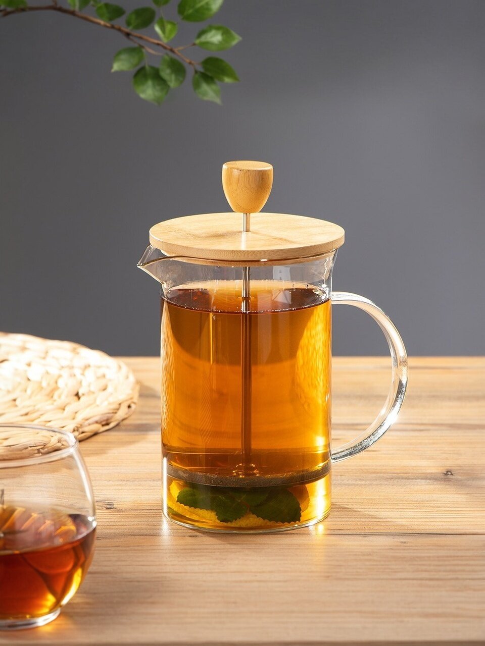 Френч-пресс 0.8 л, стекло, нержавеющая сталь, деревянная крышка, 329890