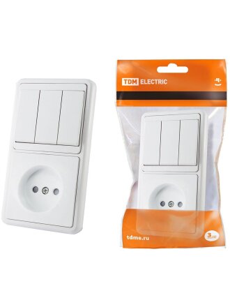 Блок комбинированный скрытой установки, 1 гнездо, трехклавишный, с защитными шторками, белый, выключатель трехклавишный + розетка, 2П, TDM Electric, БКВР, SQ1813-0006