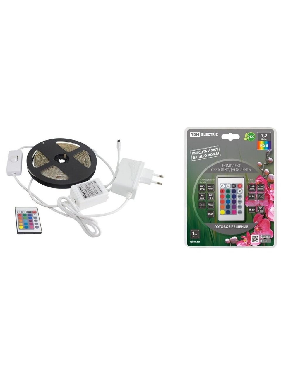 Лента светодиодная SMD 5050, 30 светодиодов/метр, 12 В, 7.2 Вт, IP65, RGB, 3 м, 21.6 Вт, IR-контроллер, TDM Electric, SQ0331-0236