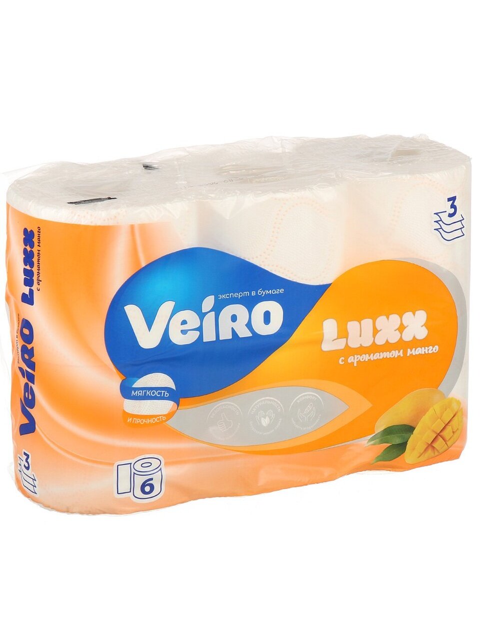Туалетная бумага Veiro, Luxx, Манго, 3 слоя, 6 шт, 15 м, с втулкой