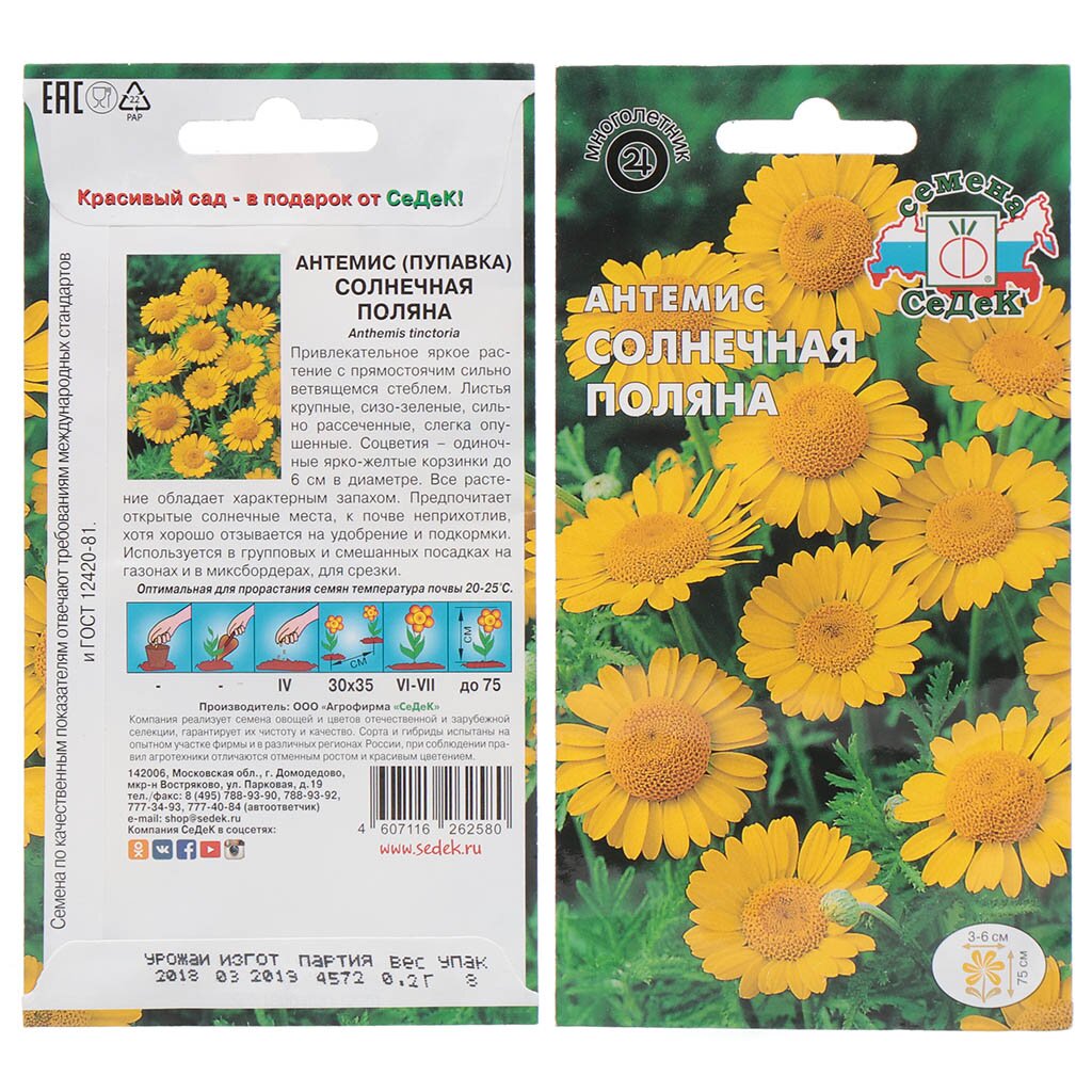 Семена Цветы, Антемис, Солнечная поляна, 0.2 г, цветная упаковка, Седек