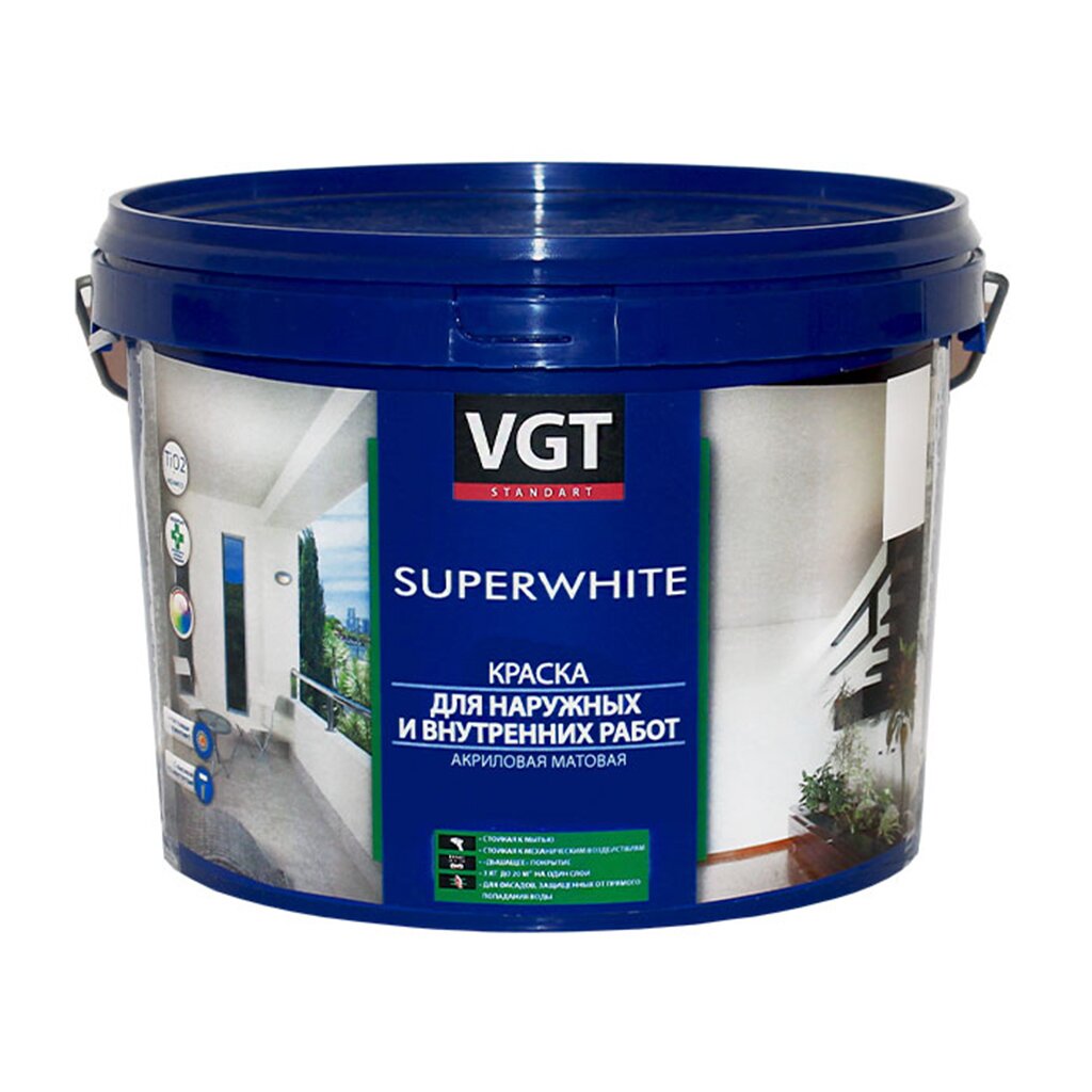 Краска воднодисперсионная, VGT, акриловая, интерьерная, моющаяся, матовая, супербелая, 7 кг daswerk панели для стен самоклеящиеся белый кирпич