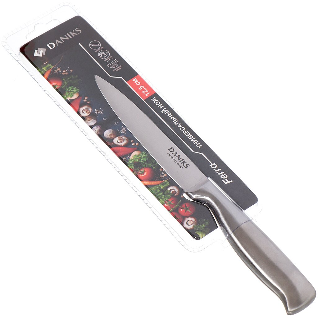 Нож кухонный Daniks, Ферра, универсальный, нержавеющая сталь, 12.5 см, рукоятка сталь, YW-A042-UT кухонный нож для тонкой нарезки tojiro