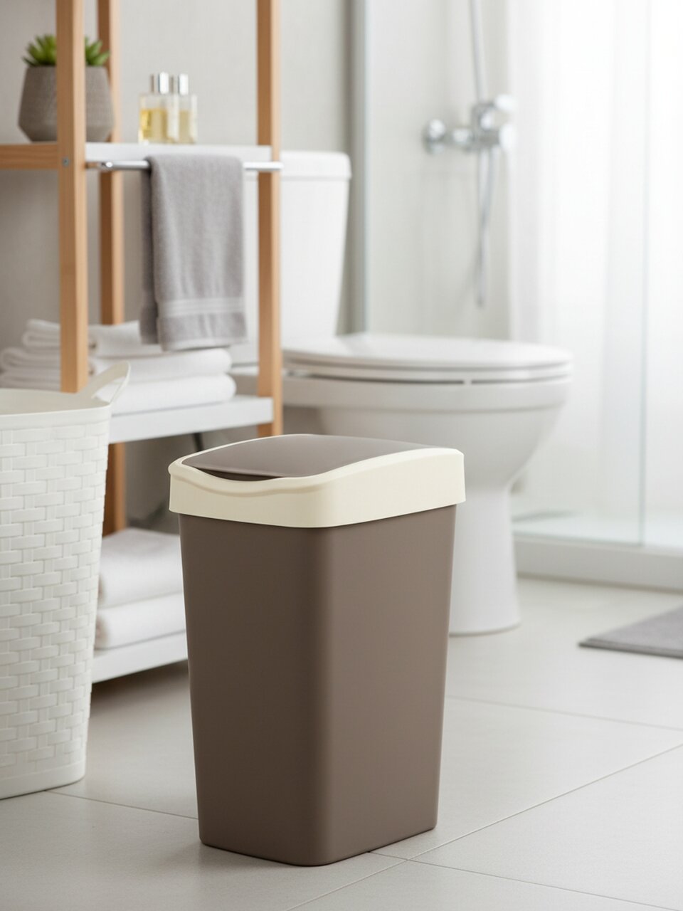 Контейнер для мусора пластик, 35 л, прямоугольный, с крышкой, шоколад, слоновая кость, Violet, Tandem, 843522