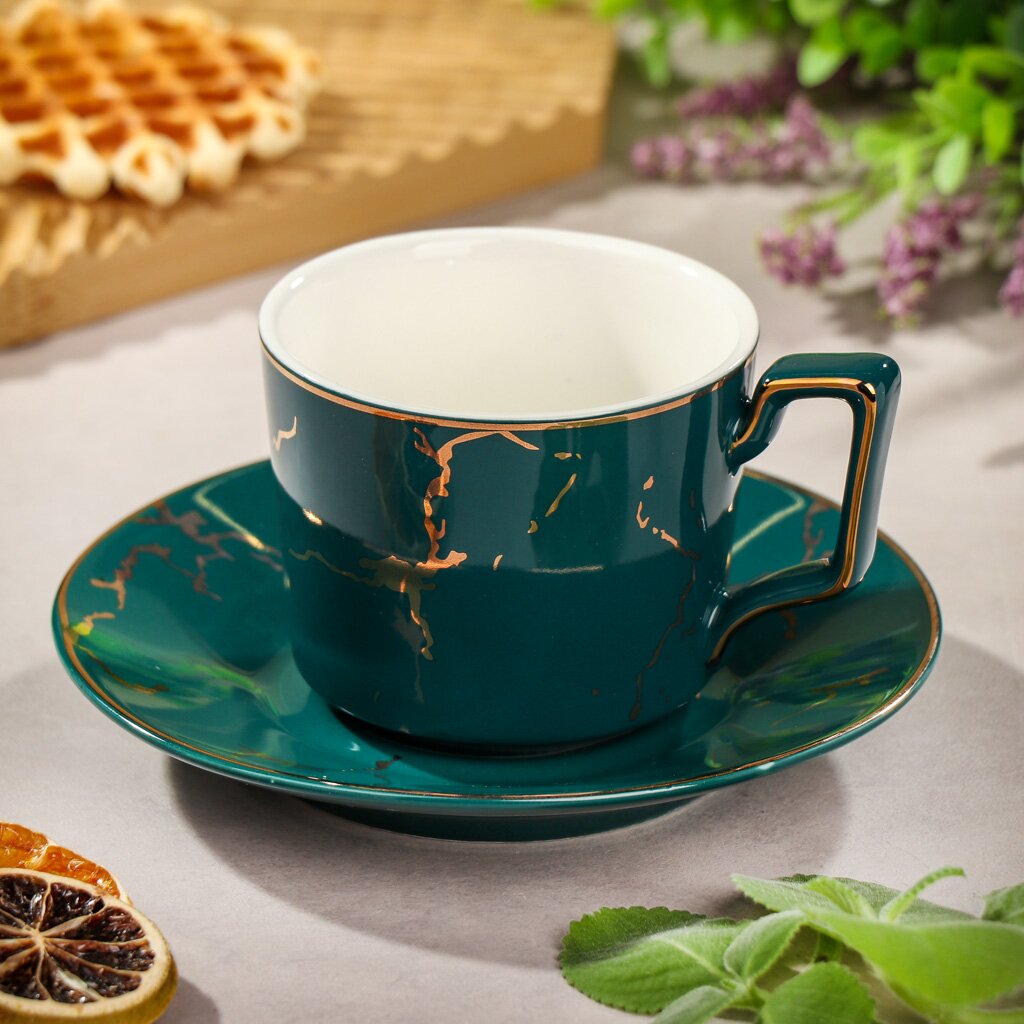 Чайная пара керамика, 2 предмета, на 1 персону, 180 мл, Зеленый мрамор, Y6-10148 чай зеленый молочный улун чайная библиотека 100 гр