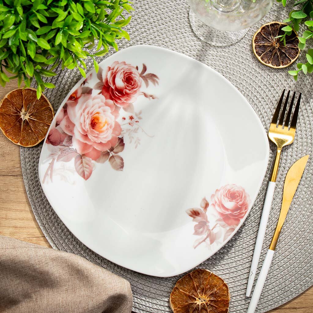 Тарелка обеденная, керамика, 24 см, квадратная, Розы, Daniks, 17-023 тарелка обеденная avvir дива d 23 см стеклокерамика белый