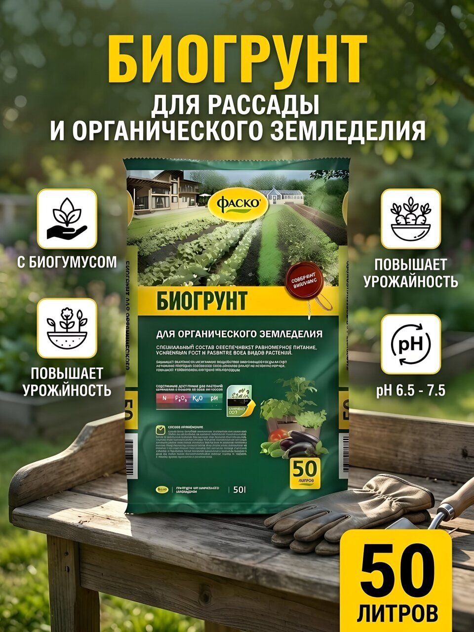 Грунт Биогрунт, для рассады и органического земледелия, с биогумусом, 50 л, Фаско