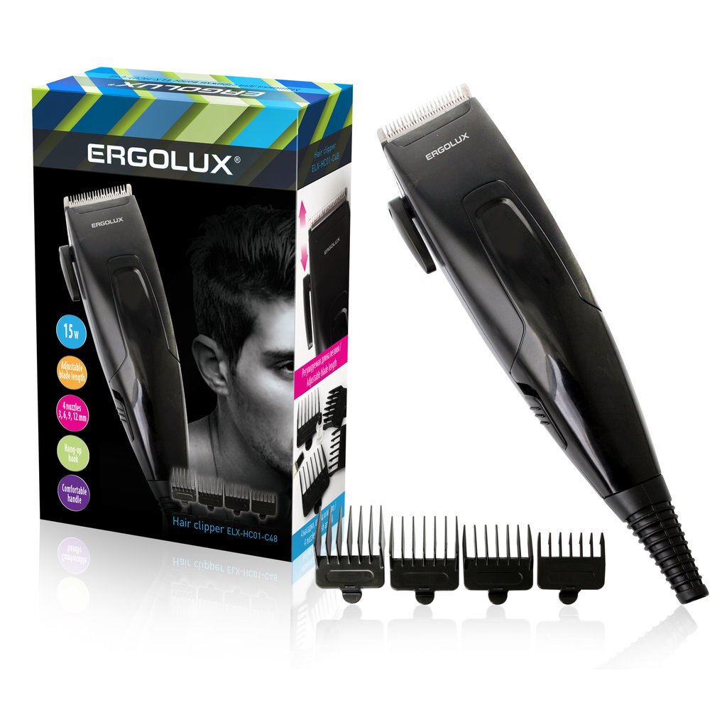 Машинка для стрижки волос, Ergolux, ERGOLUX ELX-HC01-C48, аккумуляторная, 15 Вт, черная, 4 насадки, щетка, масло