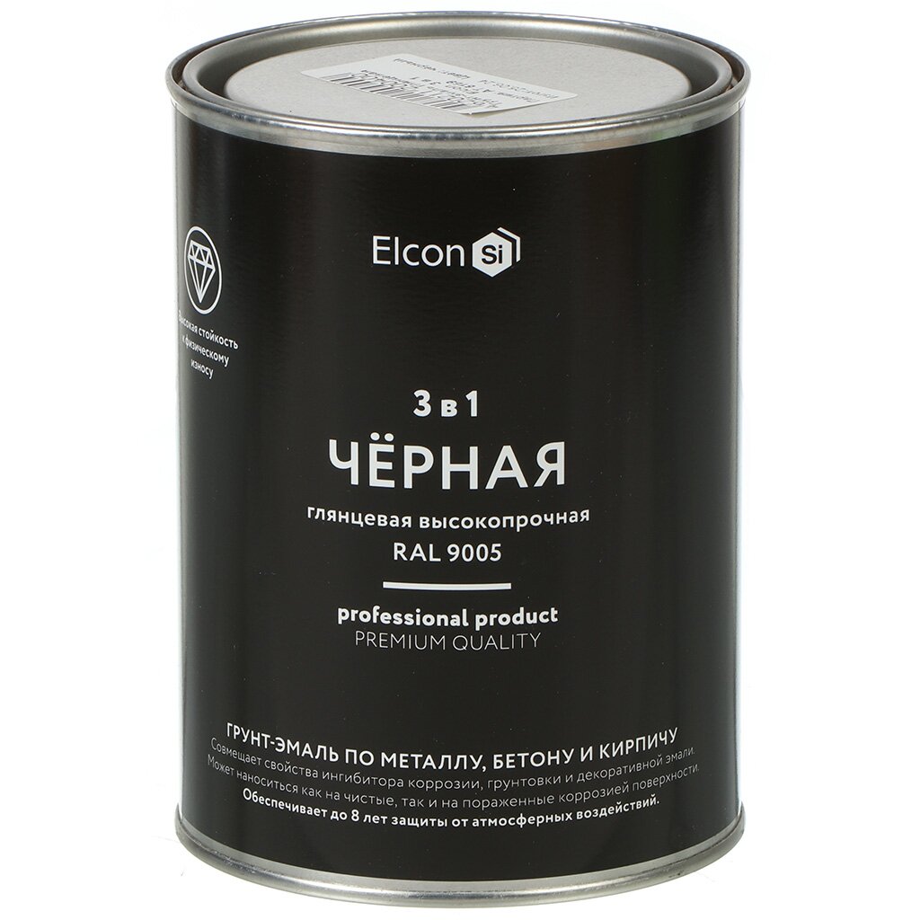 Грунт-эмаль Elcon, 3в1, алкидная, глянцевая, черная, RAL 9005, 0.8 кг