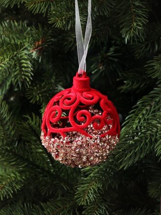 Елочное украшение Шар, красный с золотом, 7 см, пластик, флок, Y4-9460