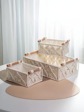 Корзина 3 шт, прямоугольная, плетеная, хлопок, металл, белая, с деревянными ручками, 34х24х10 см, 2 шт 15х20х9 см, Y4-9682