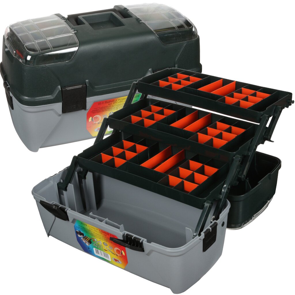 Ящик для инструментов, 22 '', 55х28х29.5 см, пластик, Profbox, Рыболовный, пластиковый замок, 3 выдвижных лотка, 2 органайзера, Е-55