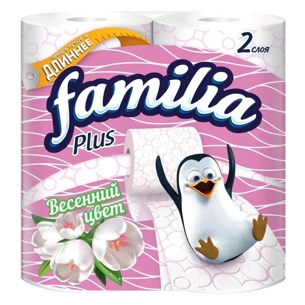 Туалетная бумага Familia, Plus Весенний цвет, 2 слоя, 4 шт, с втулкой, бело-розовая туалетная бумага pero rose 3 слоя 4 шт с втулкой белая
