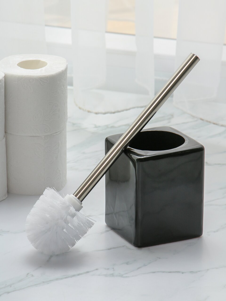 Ерш для туалета напольный, квадратный, керамика, черный глянец, Y4-9864