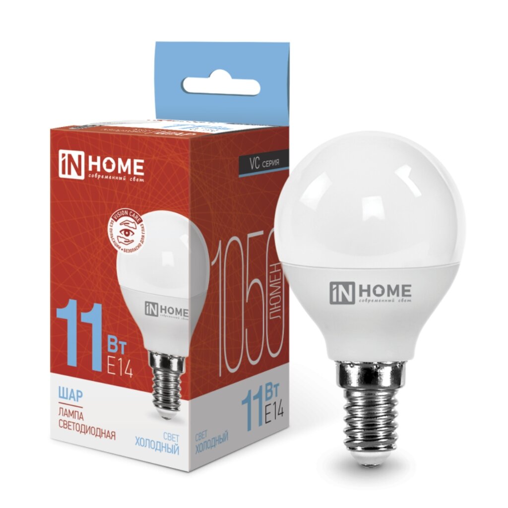 Лампа светодиодная E14, 11 Вт, 100 Вт, 230 В, шар, 6500 К, свет холодный белый, In Home, LED-ШАР-VC