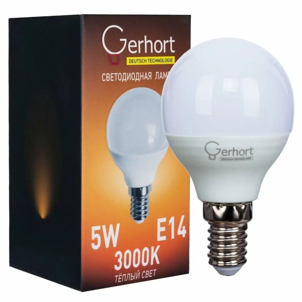 Лампа светодиодная E14, 5 Вт, шар, 3000 К, теплый белый свет, Gerhort, Лампа, 5W GERHORT G45 LED 3000K E14